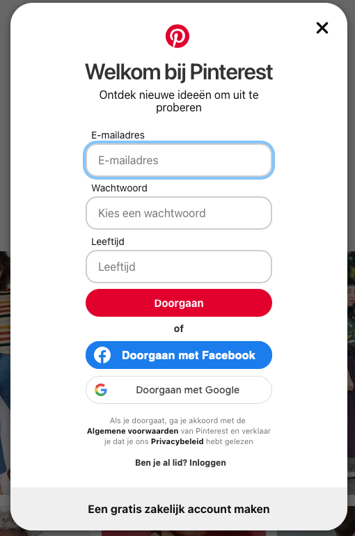 Inlogscherm Pinterest